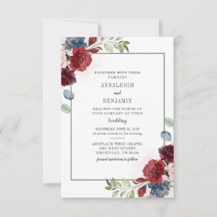 Convite Bordô Folhagem Aquarela Floral Casamento