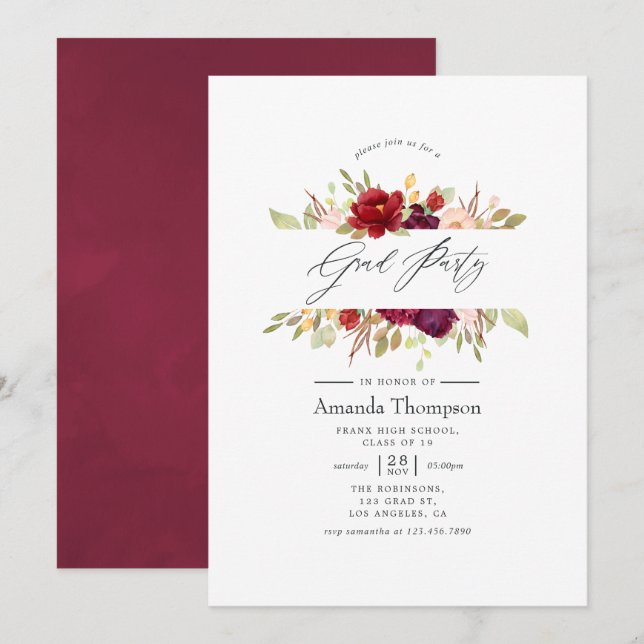 Convite Bordô - Formatura Floral Marsala e Rosé (Frente/Verso)