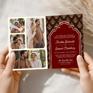 Convite Bordô Marrom Ikat Colagem de Fotos Casamento India