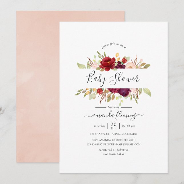 Convite Bordô - Marsala e Floral Cor-de-Rosa Baby Shower (Frente/Verso)