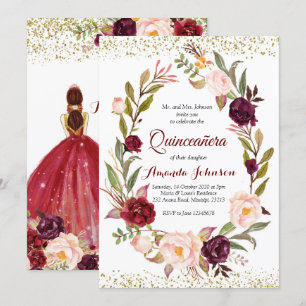 Convite Bordô Marsala Princesa Quinceañera Espanhol