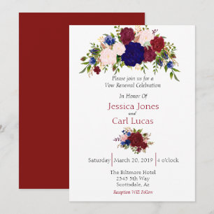 Convite Bordô Naval Aquarela Floral Renovação de Votos