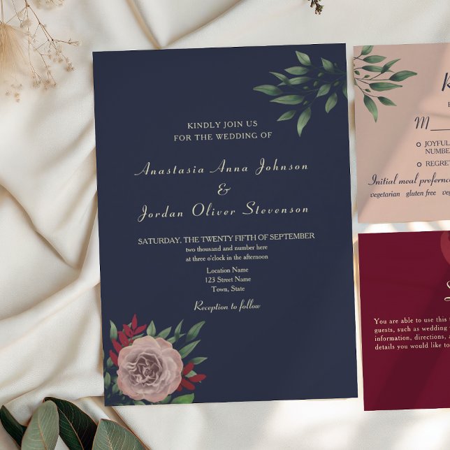 Convite Bordô Naval Floral Casamento de Outono (Criador carregado)