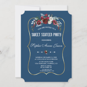 Convite Bordô Naval Floral Pinho Dourado Sweet Sixteen