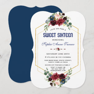 Convite Bordô Navy Floral Dourado Quadro Hexagonal Sweet 1