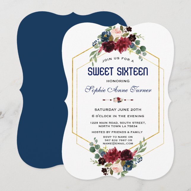 Convite Bordô Navy Floral Dourado Quadro Hexagonal Sweet 1 (Frente/Verso)