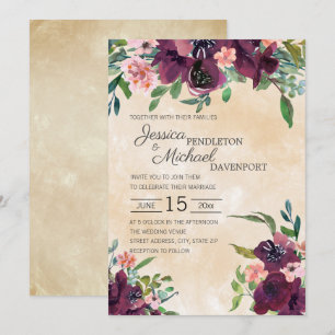 Convite Bordô Rosa Floral Aguarela Verde Salvia Casamento