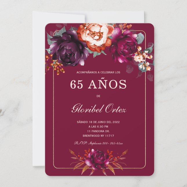 Convite Borgoña 65.ª Ideia de Festa de cumpleaños para (Frente)