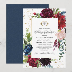 Convite Borgonha  Azul Casamento de Marsala Floral Waterco