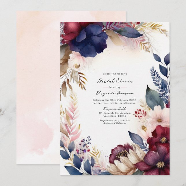 Convite Borgonha, Azul Marinho, Rosa Pêssego Boho Floral C (Frente/Verso)
