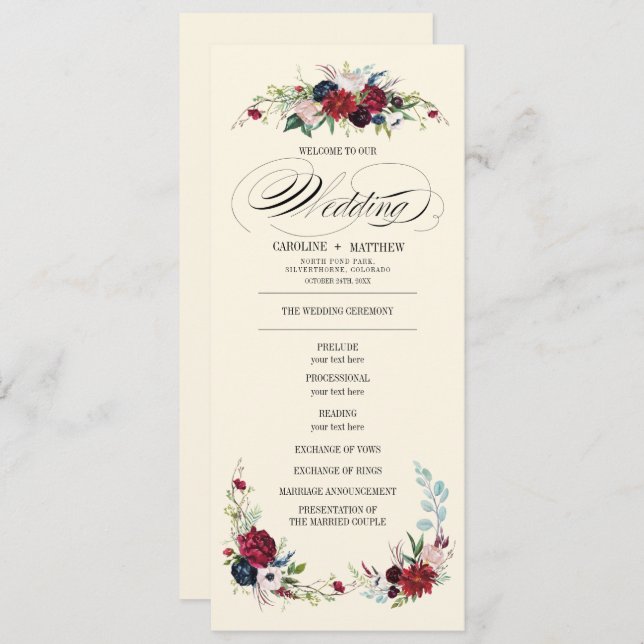 Convite Borgonha | Azul | Programa de Casamento de Cremes  (Frente/Verso)