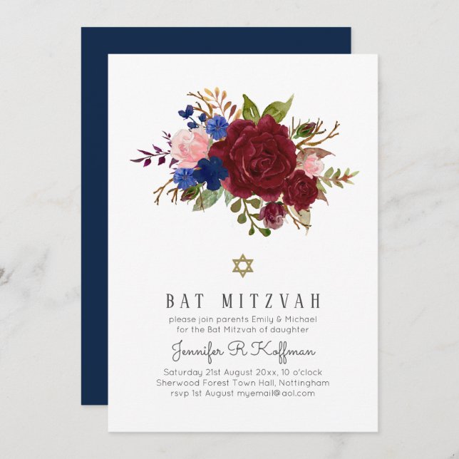Convite Borgonha Azul-Rosa-Rosa Encantada BAT MITZVAH (Frente/Verso)