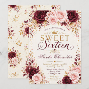 Convite Borgonha, Bege, Champanhe Sweet Sixteen