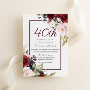 Convite Borgonha Bege Floral 40º Aniversário de Casamento