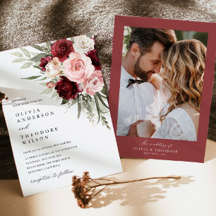 Convite Borgonha Bege Rosa Floral Foto Casamento