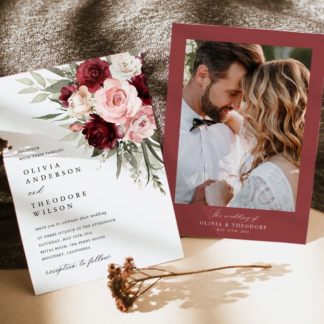 Convite Borgonha Bege Rosa Floral Foto Casamento (burgundy blush pink floral wedding photo invitation, rose invite card, romantic wedding stationery)