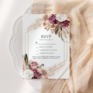 Convite Borgonha, Blush & Rose Gold Elegante Boho RSVP