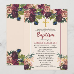 Convite Borgonha  Blush Watercolor Baptism