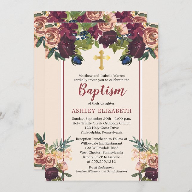 Convite Borgonha | Blush Watercolor Baptism Floral (Frente/Verso)