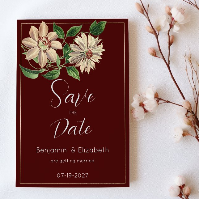 Convite Borgonha branca verde-floral botânica Salva a Data (Burgundy white green floral botanic Save the Date)