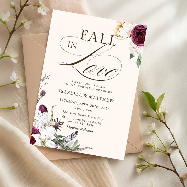 Convite Borgonha Casais Apaixonados Chá de Noiva (Burgundy Fall in Love Couples Wedding Shower Invitation)