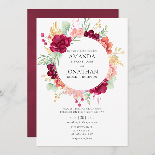 Convite Borgonha - Casamento Floral de Marsala e Blush (Frente/Verso)