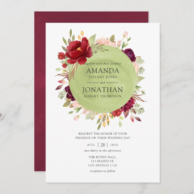 Convite Borgonha - Casamento Floral de Marsala e Blush (Frente/Verso)