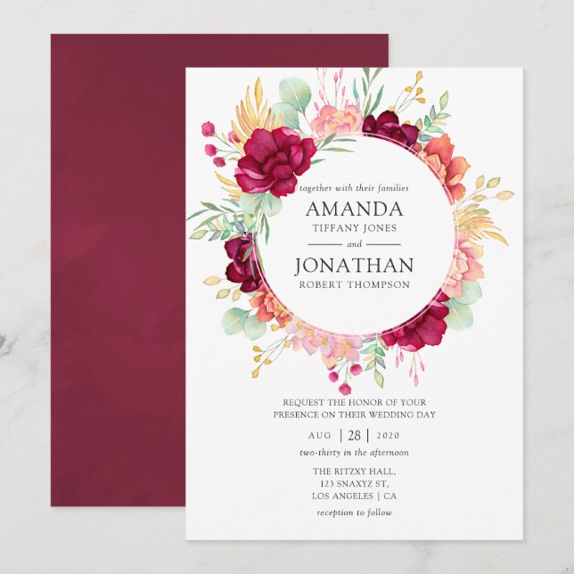 Convite Borgonha - Casamento Floral Marsala e Blush (Frente/Verso)