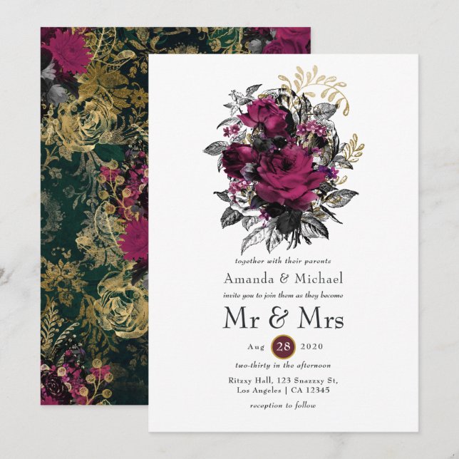 Convite Borgonha - Casamento Floral Marsala e Dourado (Frente/Verso)