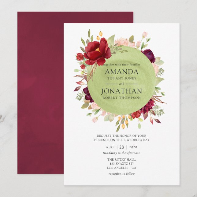 Convite Borgonha - Casamento Floral Marsala e Rosa (Frente/Verso)