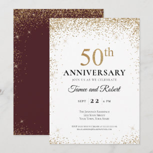 Convite Borgonha Dourado Branco 50º Aniversário de Casamen