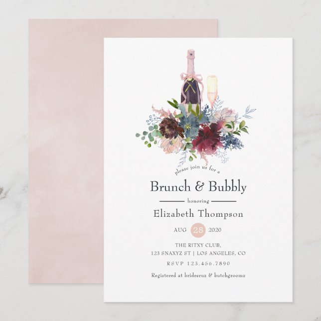 Convite Borgonha e Bege Floral Brunch e Espumante (Frente/Verso)