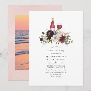 Convite Borgonha e Bege Floral Celebração da Vida com Vinh