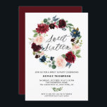 Convite Borgonha e Blue Floral Wreath Doce Dezesseis<br><div class="desc">Burgundy e Blue Floral Wreath Doce 16 Convite. Convide familiares e amigos para a sua doce festa de 16 anos com este convite feminino e rústico. Este convite personalizável apresenta uma camada floral de cor d'água de flores azuis, burgundy, vermelhas e escamosas com folhagem. Este convite floral é perfeito para...</div>