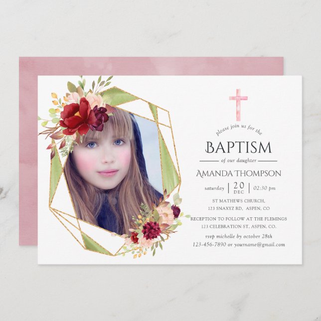 Convite Borgonha e Blush Batismo Geométrico ou Christening (Frente/Verso)