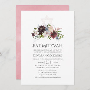 Convite Borgonha e Blush Watercolor Bat Floral Mitzvah