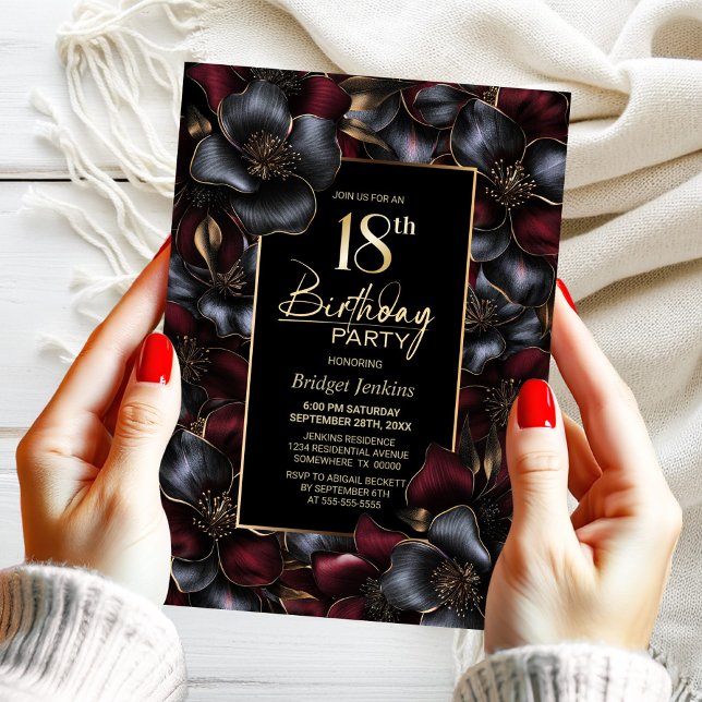 Convite Borgonha e Cinza Floral 18ª Festa de aniversário (Criador carregado)