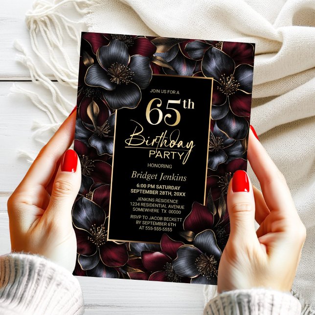 Convite Borgonha e Cinza Floral 65ª Festa de aniversário (Criador carregado)