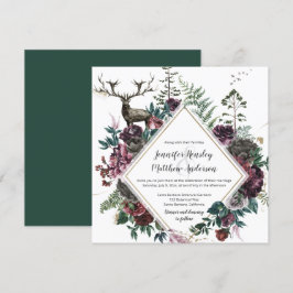 Convite Borgonha e Cinza Floral com Stag e Greenery|