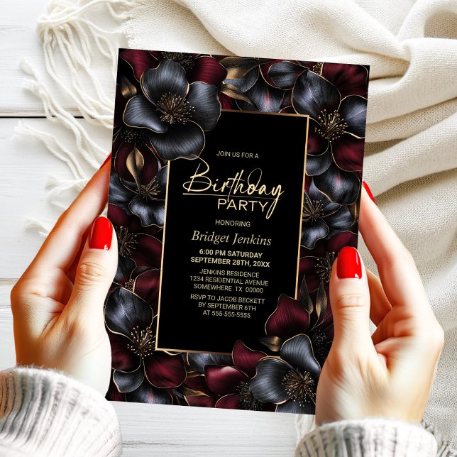 Convite Borgonha e Cinza Floral qualquer Festa de aniversá (Criador carregado)