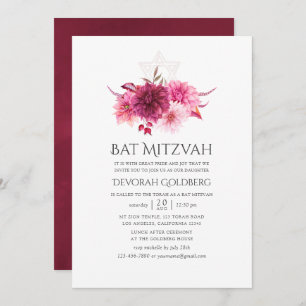 Convite Borgonha e Cor de Água Rosa Queda Floral Bat Mitzv