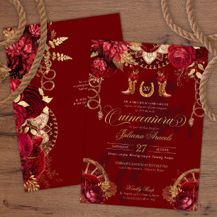 Convite Borgonha e Dourada Elegante Floral Charro Quincean