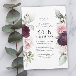 Convite Borgonha e Elegante Floral Rosa 60º Aniversário<br><div class="desc">Celebrar um aniversário especial com este belo convite de festas com bordas florais em burgundy e rosas cor-de-rosa em cada lado do texto elegantemente colocado. As cores incluem o rosa pálido pincelado, vermelho enterrado profundo e ameixa misturados com verde etéreo e minúsculas flores brancas de sotaque. Personalize o modelo de...</div>