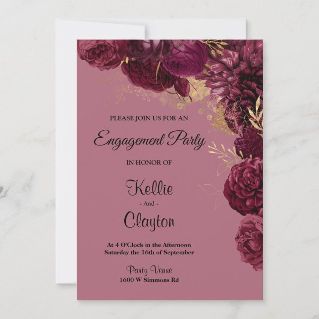 Convite Borgonha E Festa de noivado Floral Dourada (Frente)