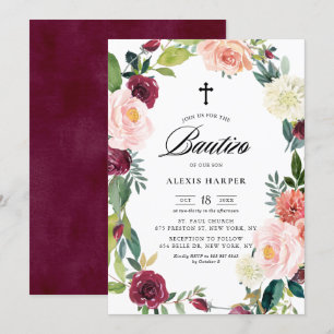 Convite Borgonha e Flor Floral Fall Bautizo