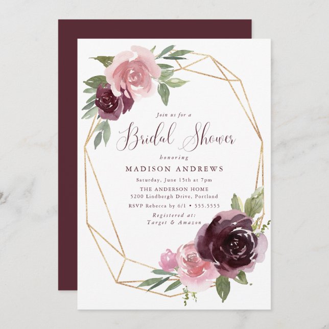 Convite Borgonha e Floral Rosa Esbranquiçado | Chá de pane (Frente/Verso)