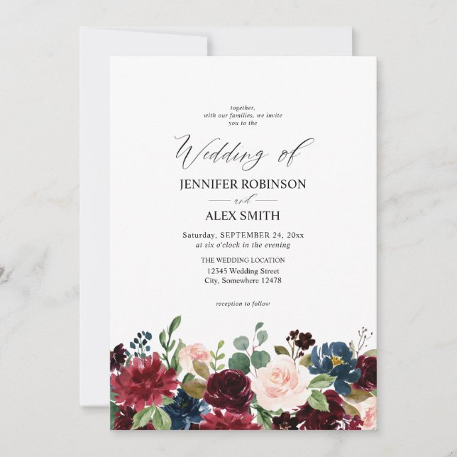 Convite Borgonha e Marinho, Casamento Floral Rosa Esbranqu (Frente)