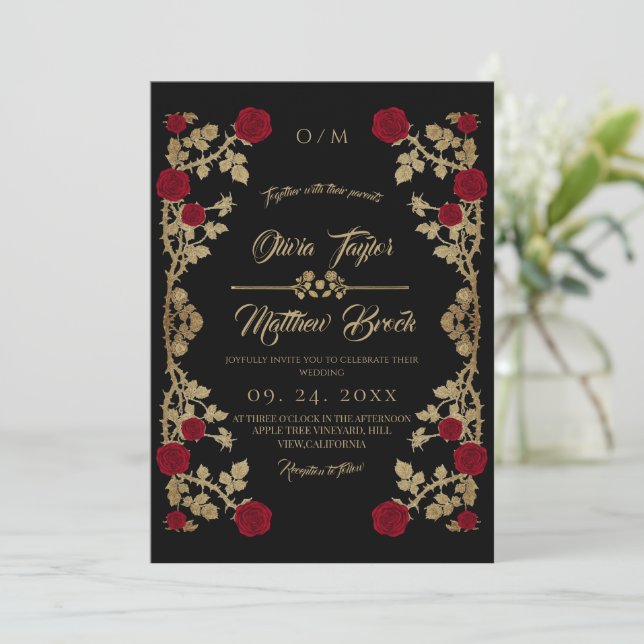 Convite Borgonha e preto ⎮ Casamento Boho Rosa Vermelha (Em pé/Frente)