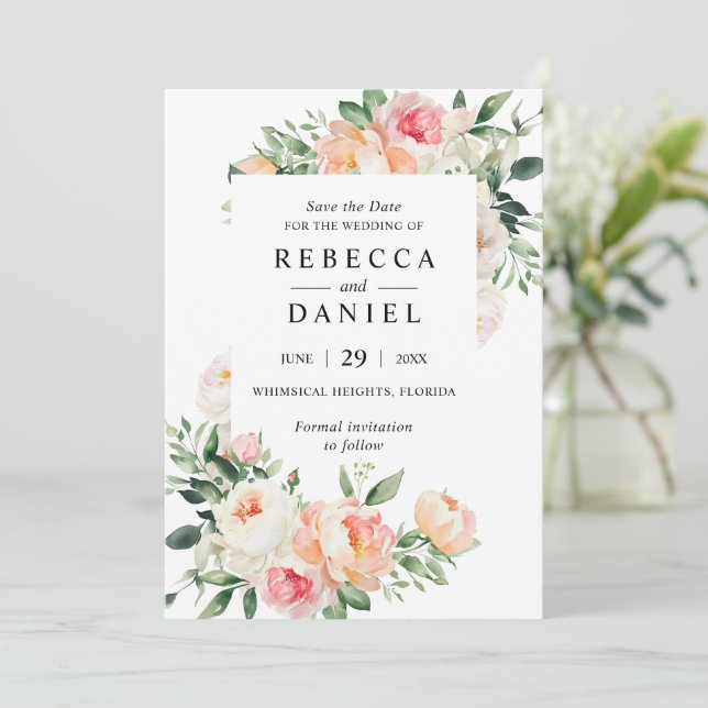 Convite Borgonha e Rosa Bege Floral Casamento Salve a Data (Em pé/Frente)