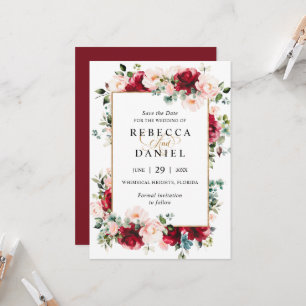 Convite Borgonha e Rosa Bege Floral Casamento Salve a Data